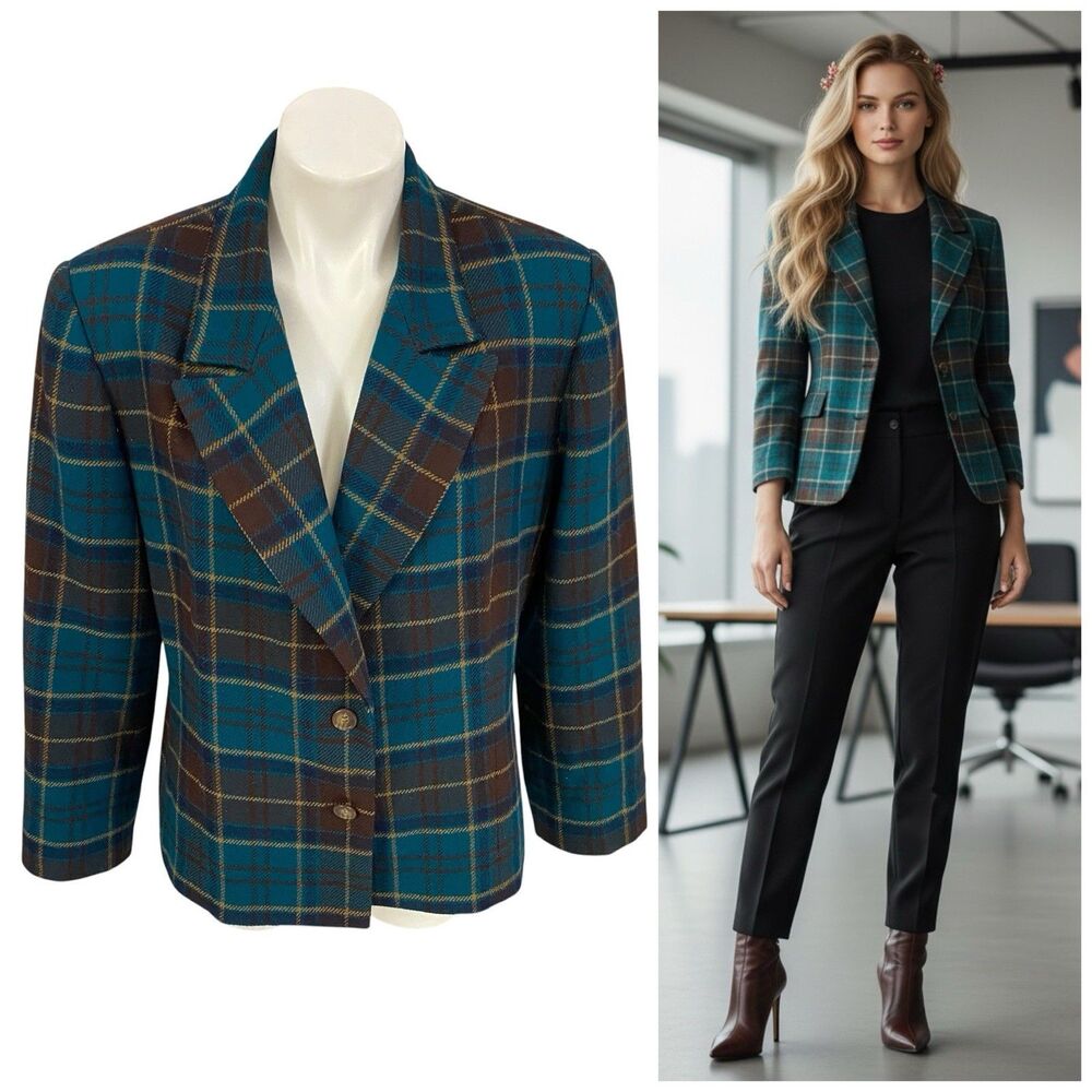 Career Blazer Womens Sz 14 Green Plaid Jacket Workwear Business Casual Old Money